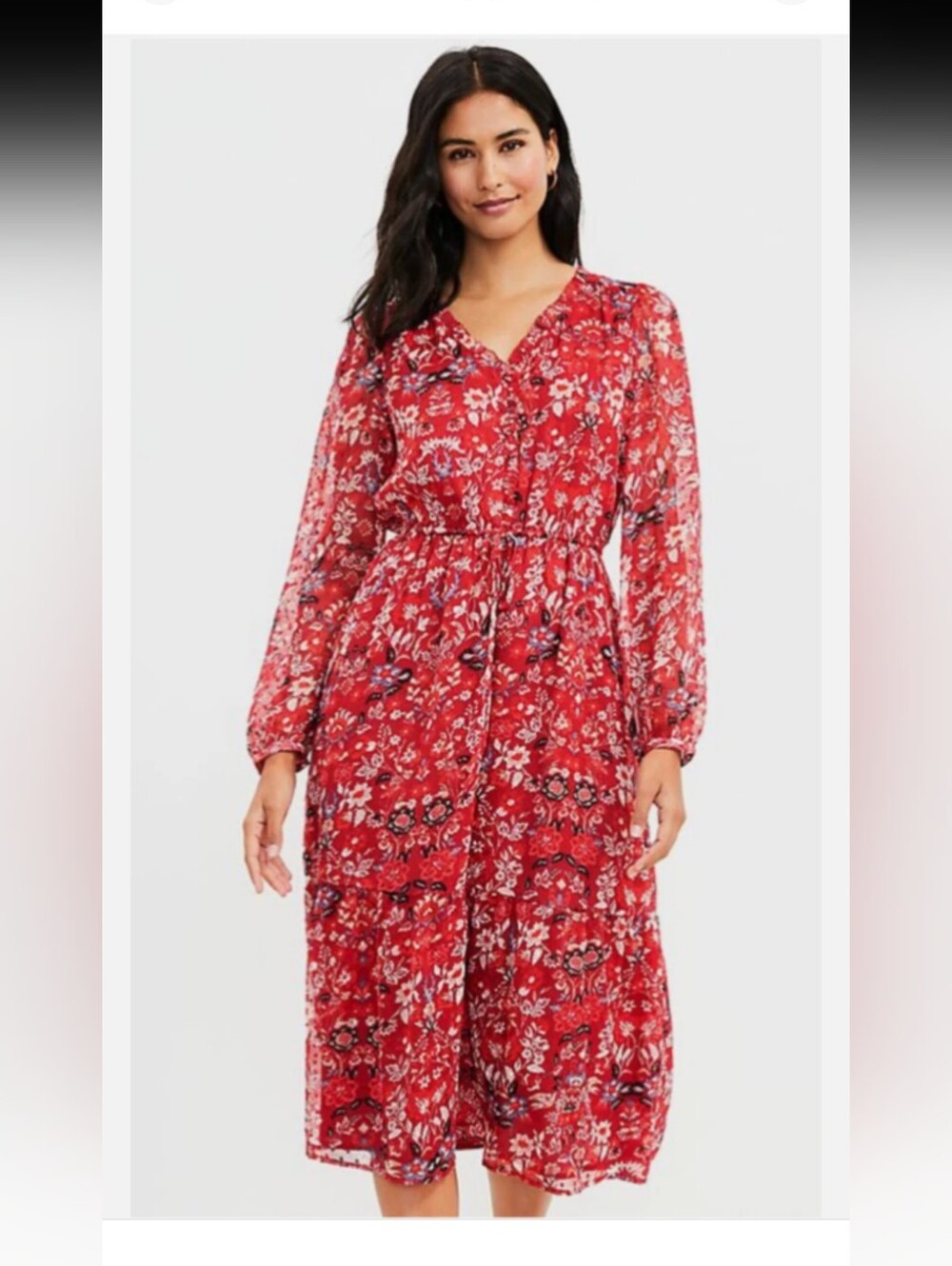 LOFT Red Floral Midi Dress Womens M Long Sleeve V-Neck Tie Waist Boho
